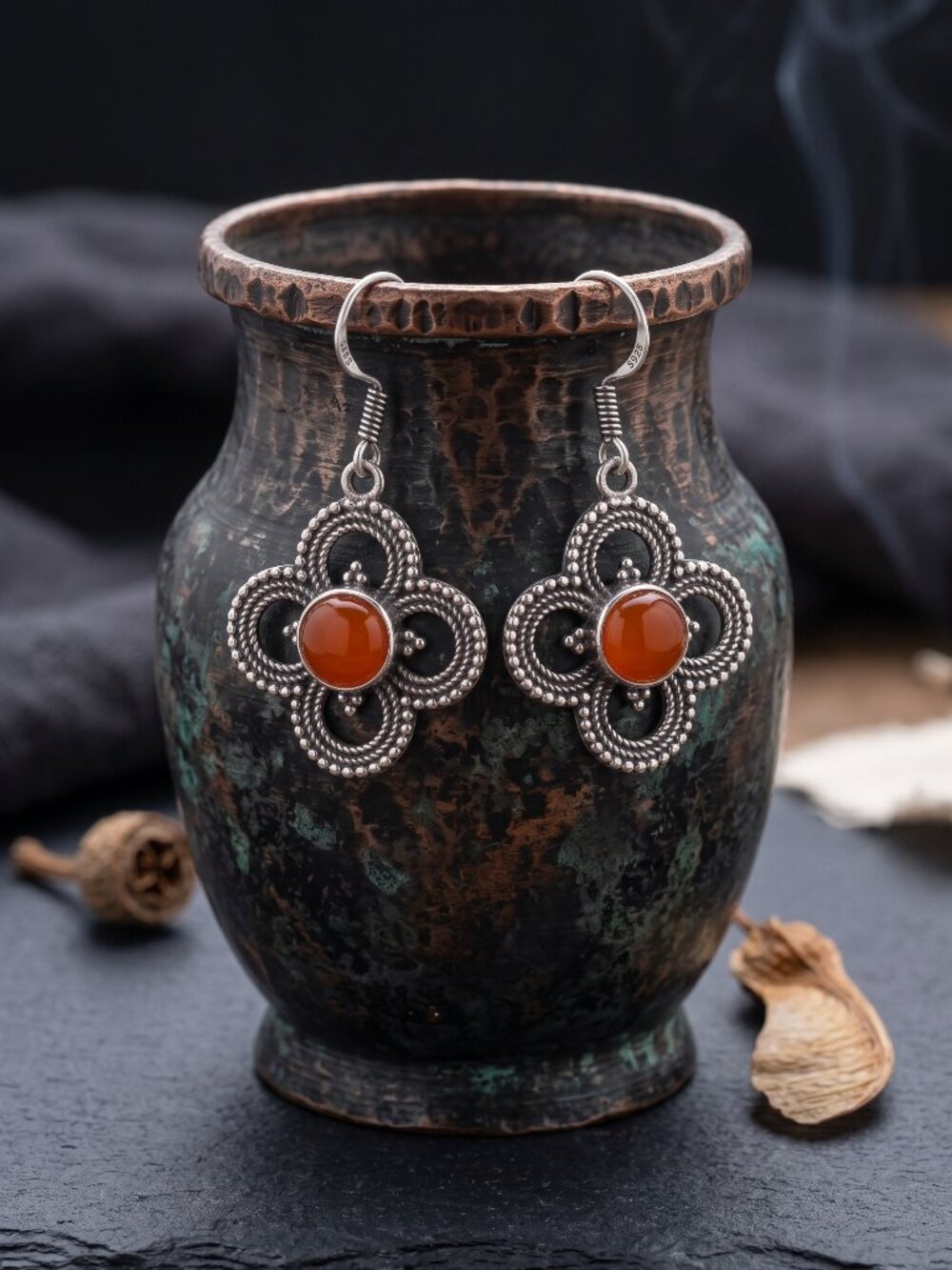 Artisan 925 Sterling Silver Carnelian Floral Drop Earrings Boho Chic 1.8"